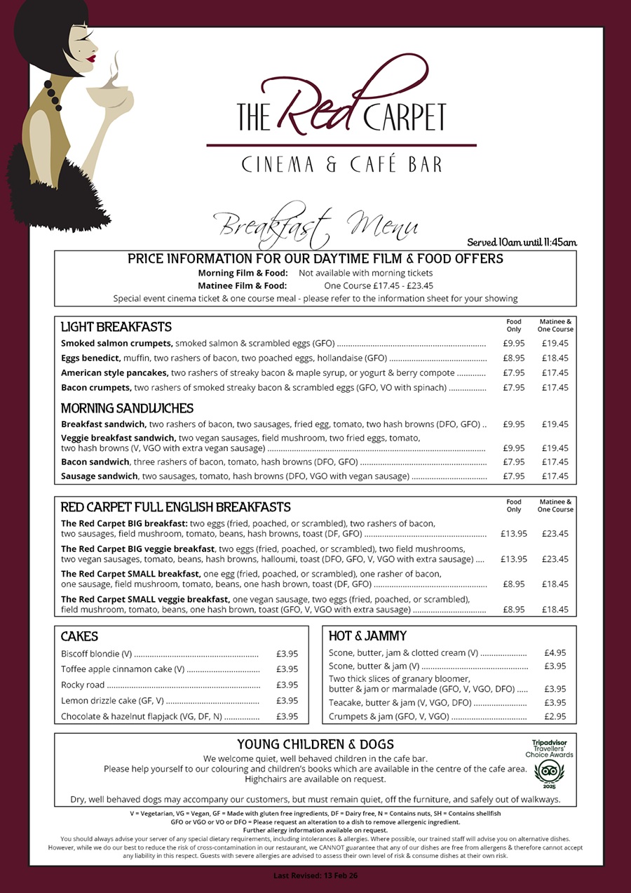 The Red Carpet Cinema and Cafe Bar - Brunch Menu