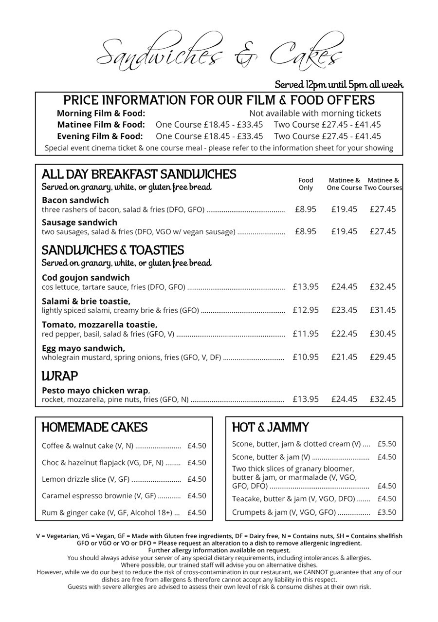 The Red Carpet Cinema and Cafe Bar - Sandwiches Menu
