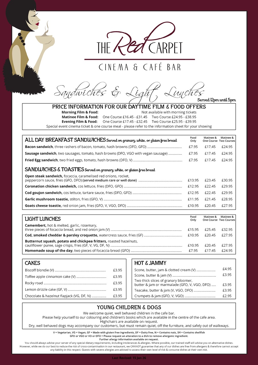 The Red Carpet Cinema and Cafe Bar - Sandwiches Menu