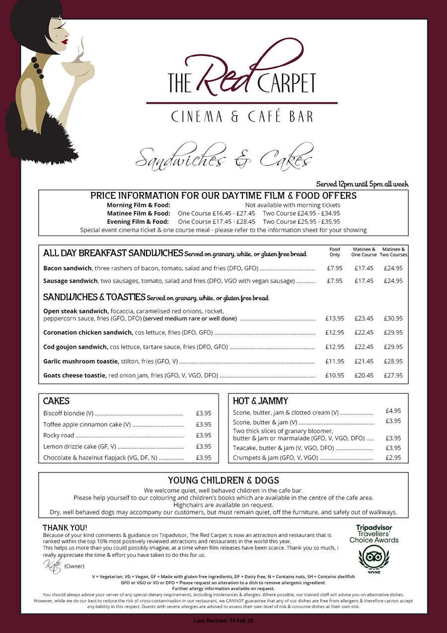 The Red Carpet Cinema and Cafe Bar - Sandwiches Menu