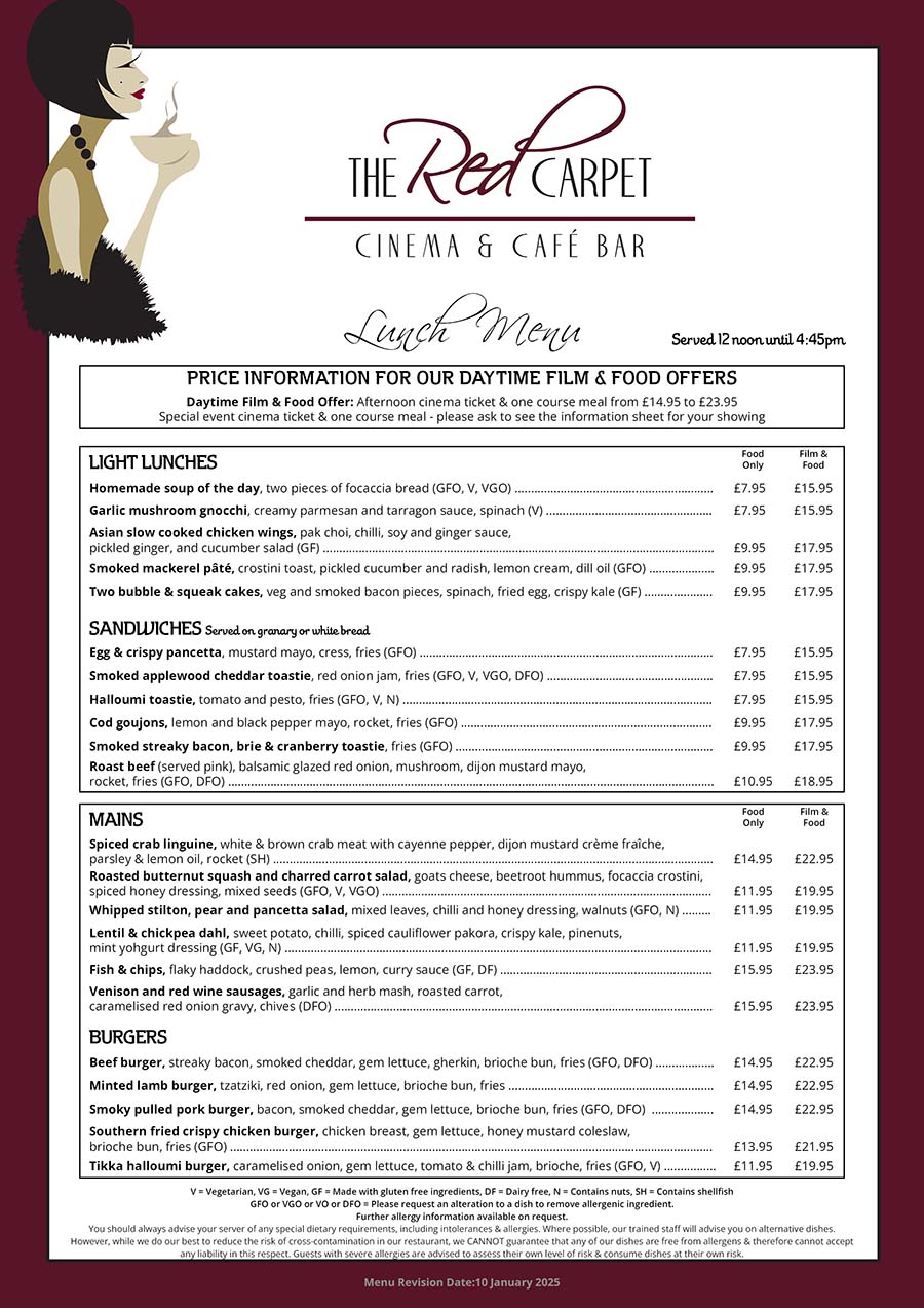 The Red Carpet Cinema and Cafe Bar - Lunch Menu