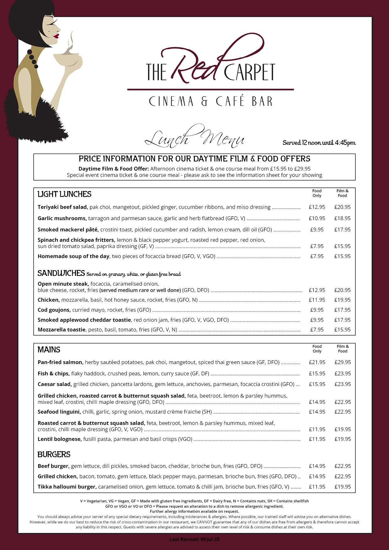 The Red Carpet Cinema and Cafe Bar - Lunch Menu