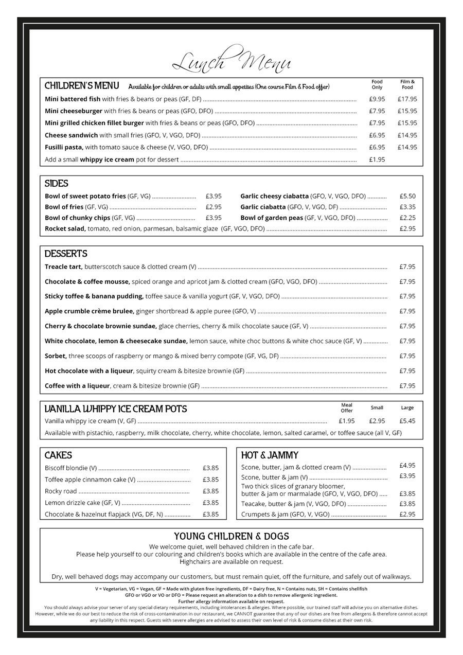 The Red Carpet Cinema and Cafe Bar - Lunch Menu