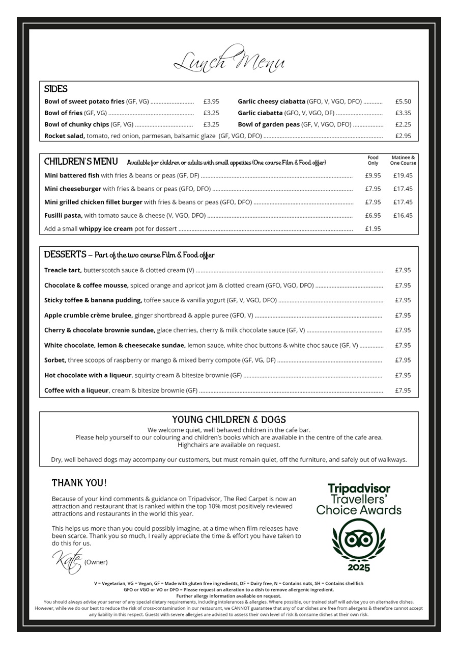 The Red Carpet Cinema and Cafe Bar - Lunch Menu