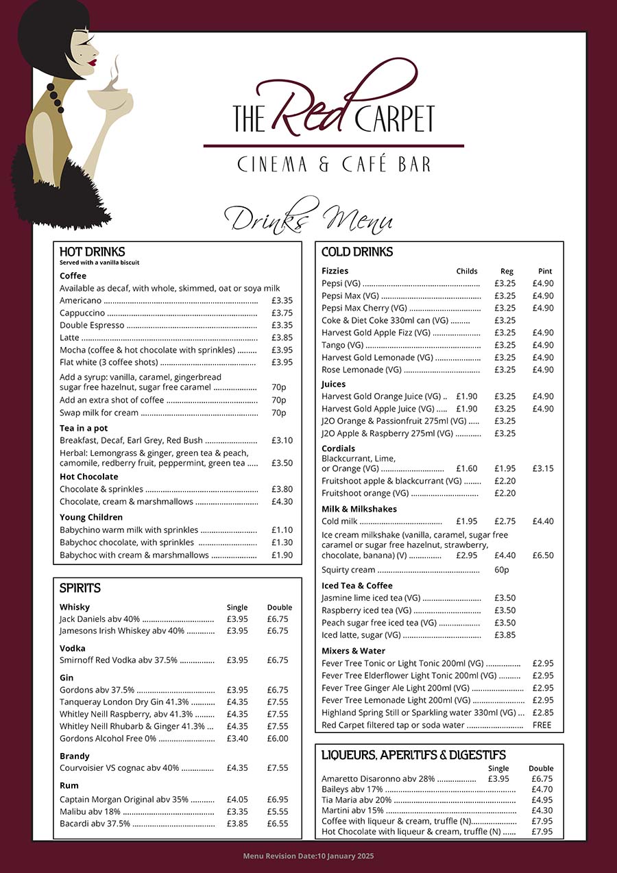 The Red Carpet Cinema and Cafe Bar - Drinks Menu