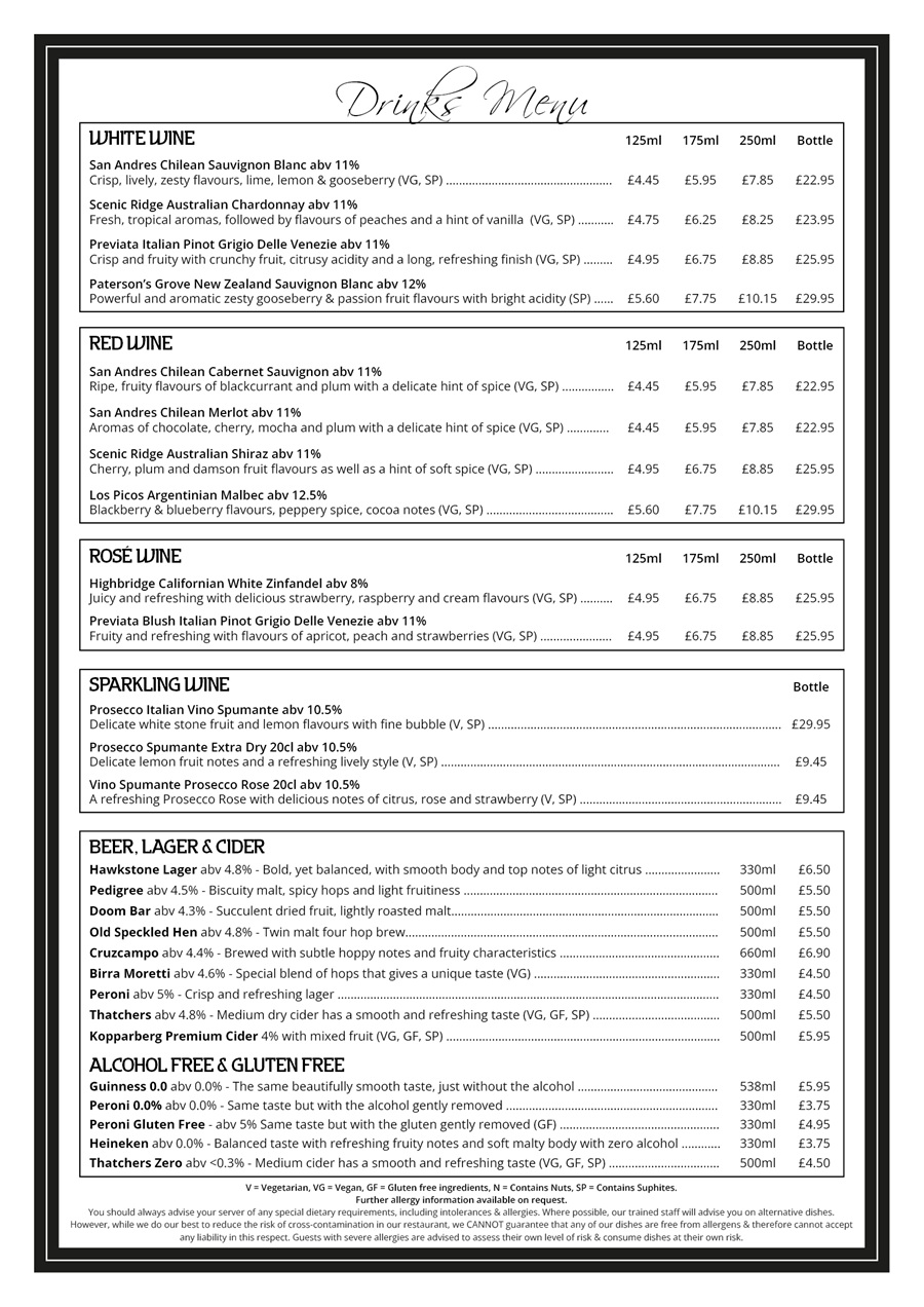 The Red Carpet Cinema and Cafe Bar - Drinks Menu