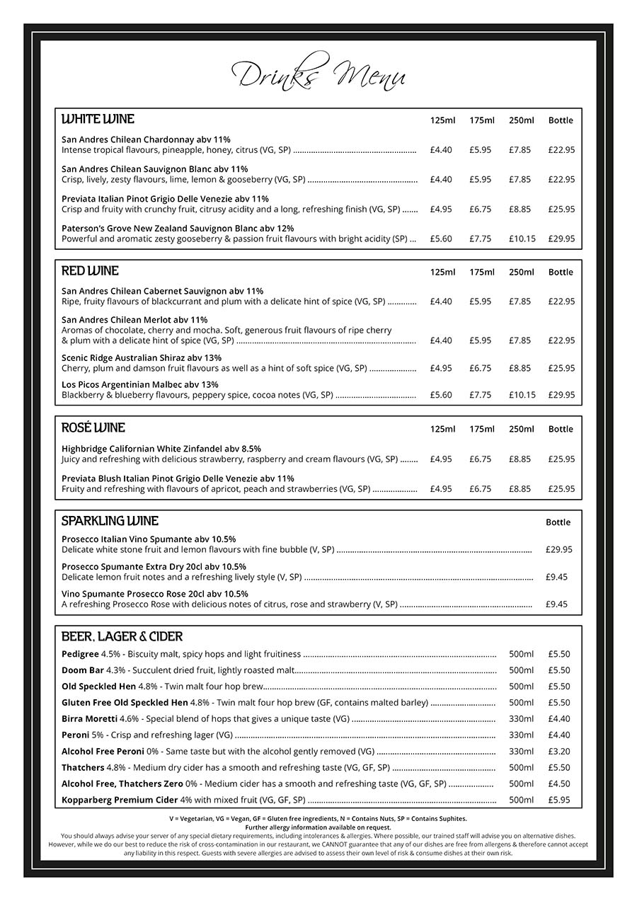 The Red Carpet Cinema and Cafe Bar - Drinks Menu