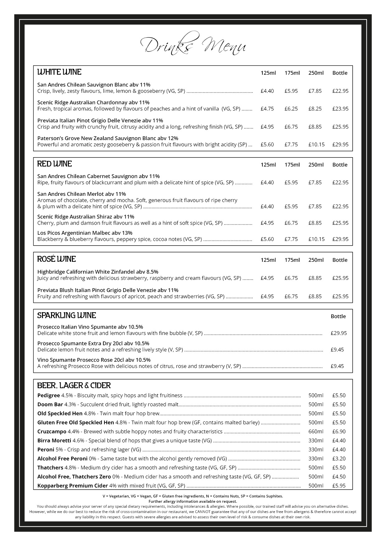 The Red Carpet Cinema and Cafe Bar - Drinks Menu