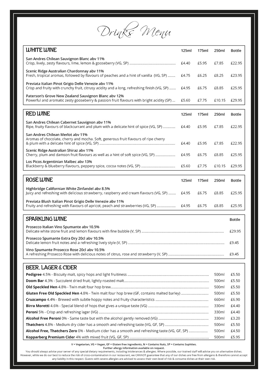 The Red Carpet Cinema and Cafe Bar - Drinks Menu