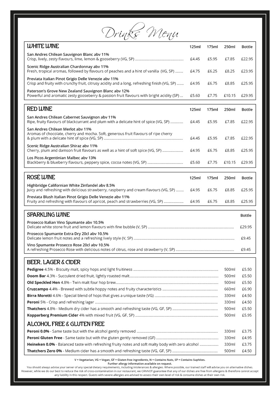 The Red Carpet Cinema and Cafe Bar - Drinks Menu
