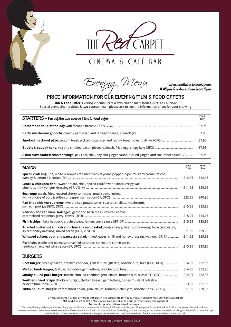 The Red Carpet Cinema and Cafe Bar - Evening Menu