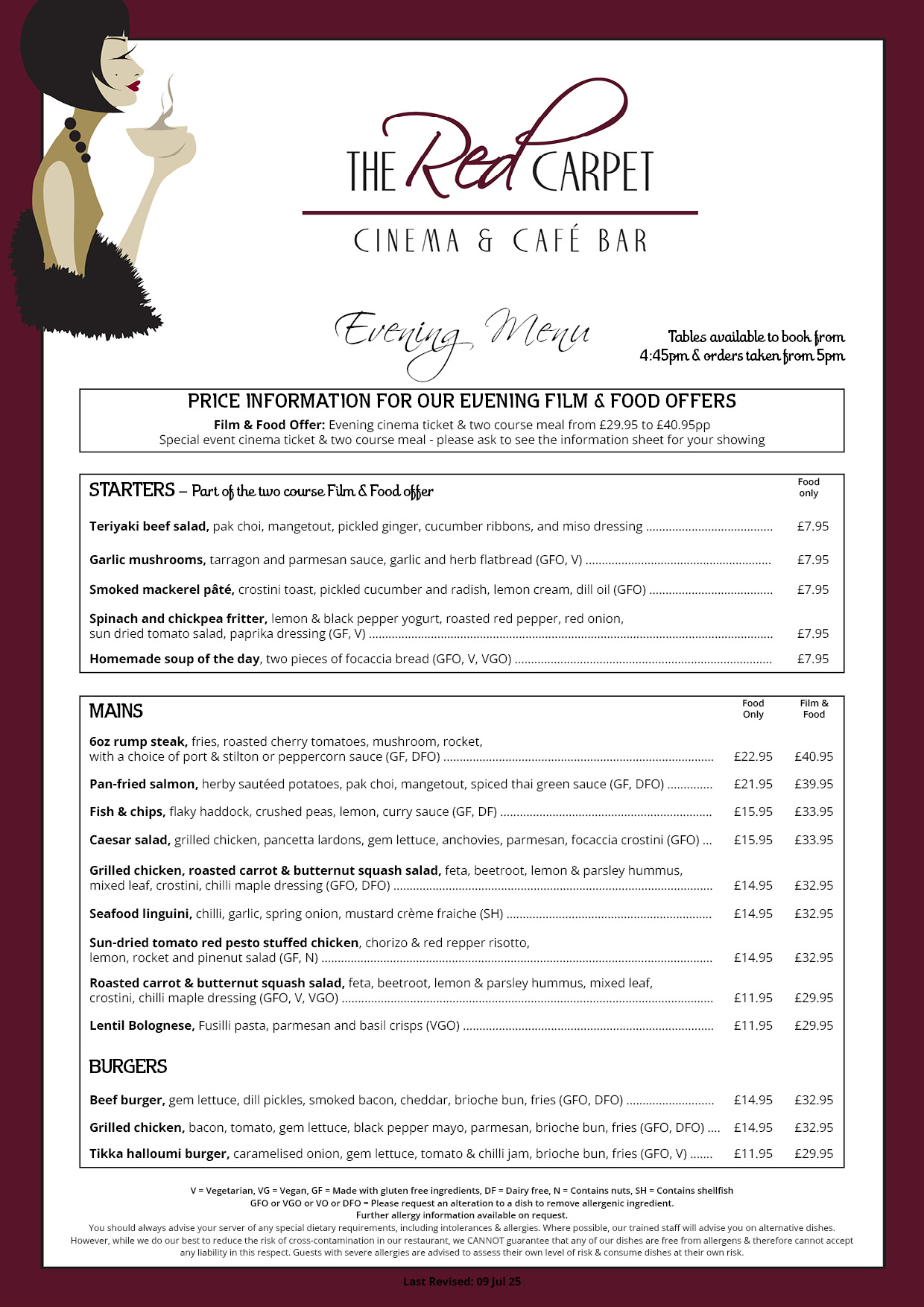 The Red Carpet Cinema and Cafe Bar - Evening Menu