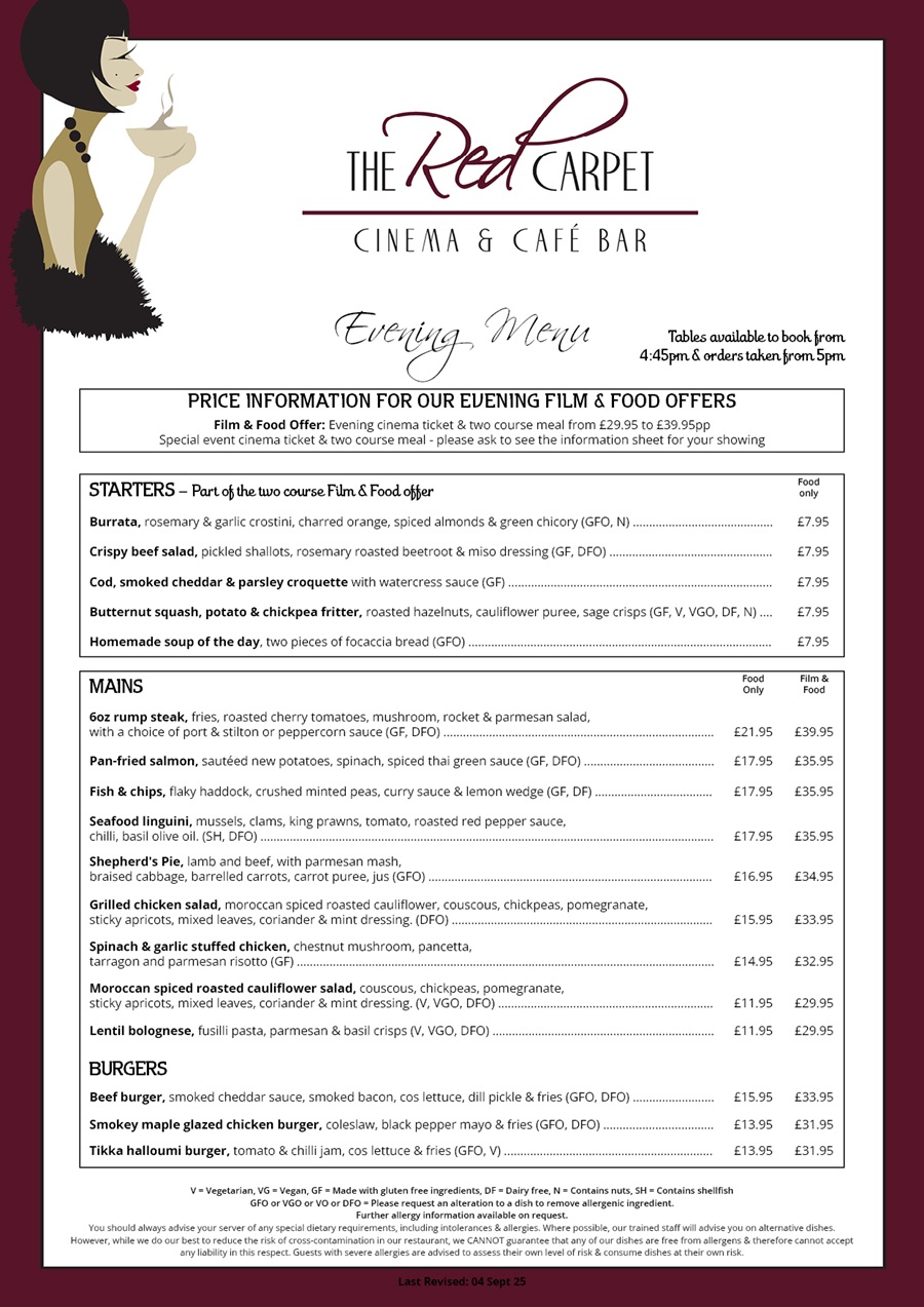 The Red Carpet Cinema and Cafe Bar - Evening Menu