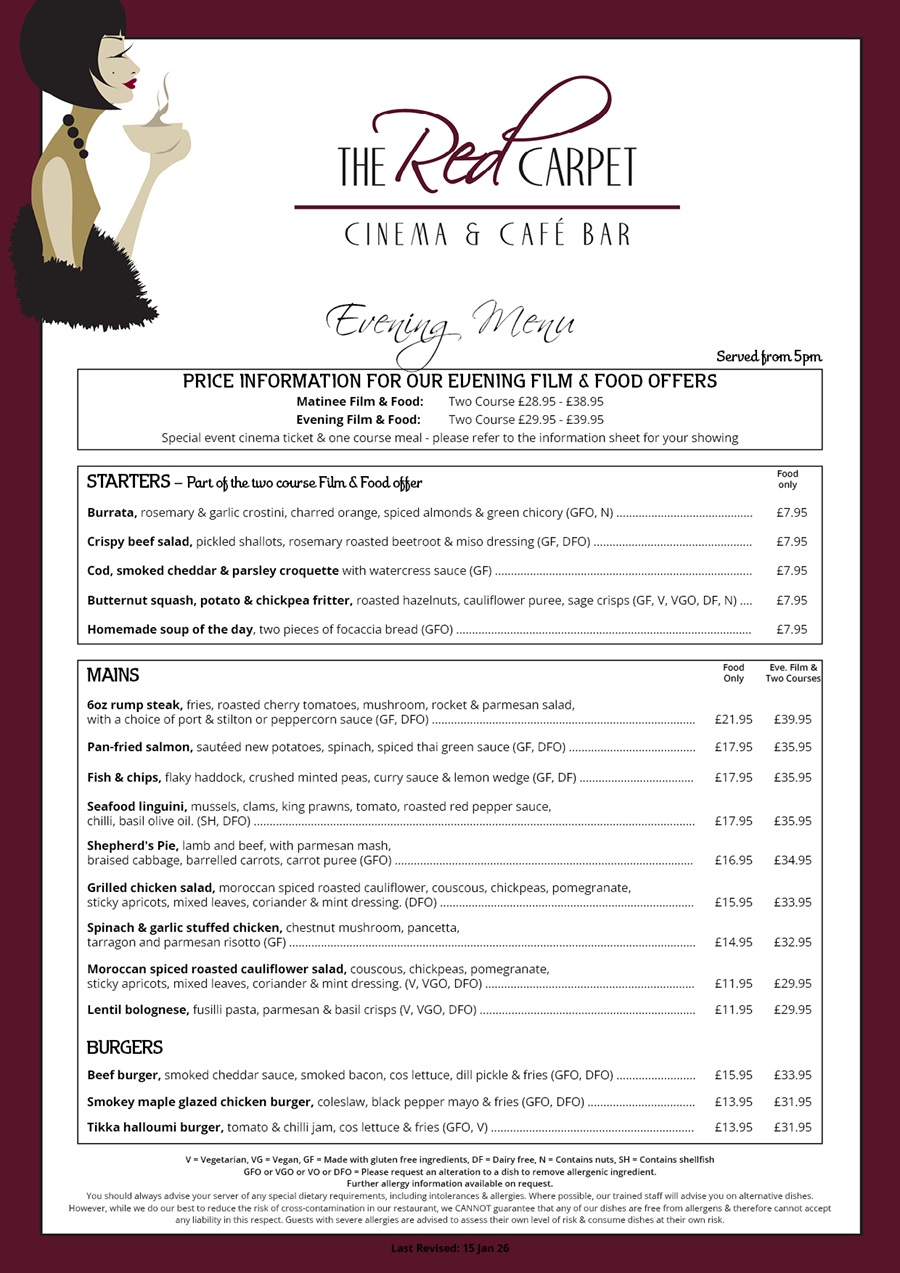 The Red Carpet Cinema and Cafe Bar - Evening Menu