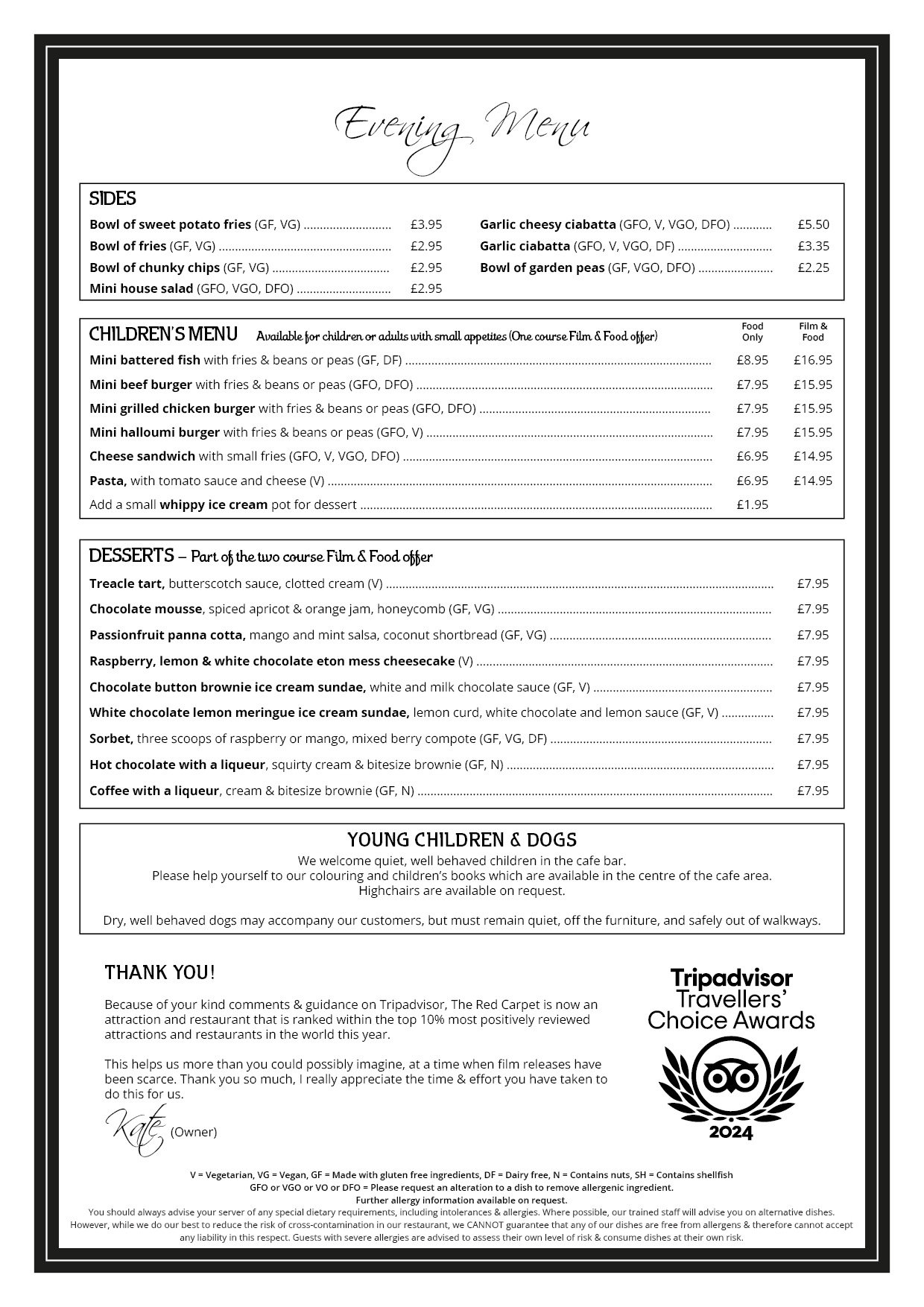 The Red Carpet Cinema and Cafe Bar - Evening Menu