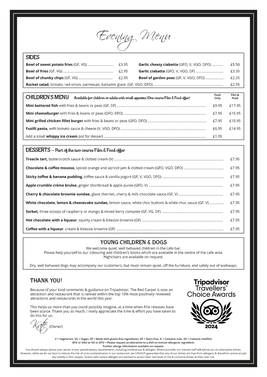 The Red Carpet Cinema and Cafe Bar - Evening Menu