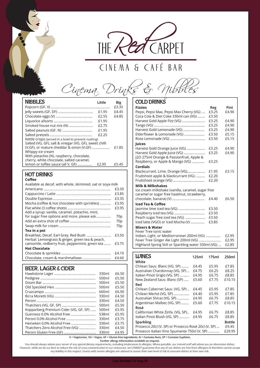 The Red Carpet Cinema and Cafe Bar - Snacks Menu
