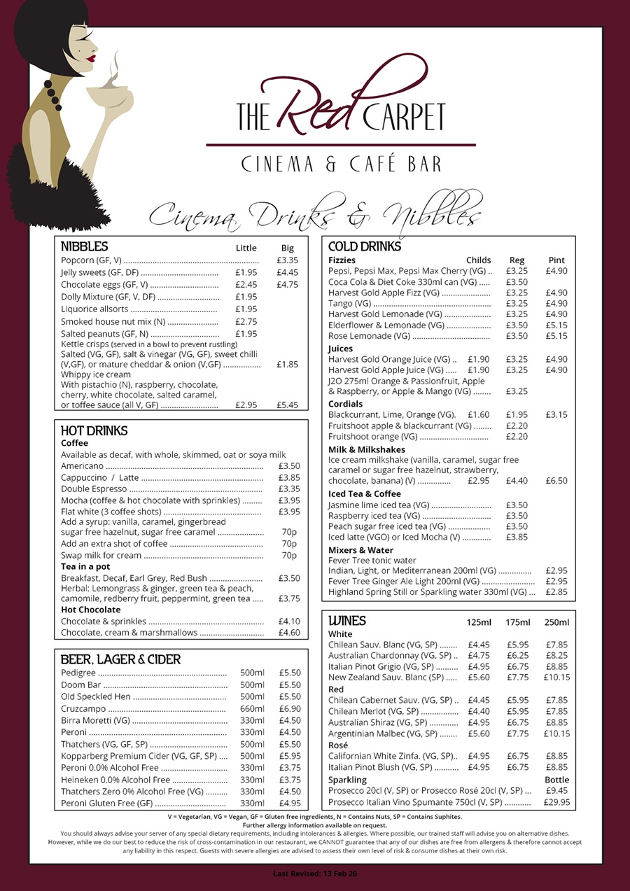The Red Carpet Cinema and Cafe Bar - Snacks Menu