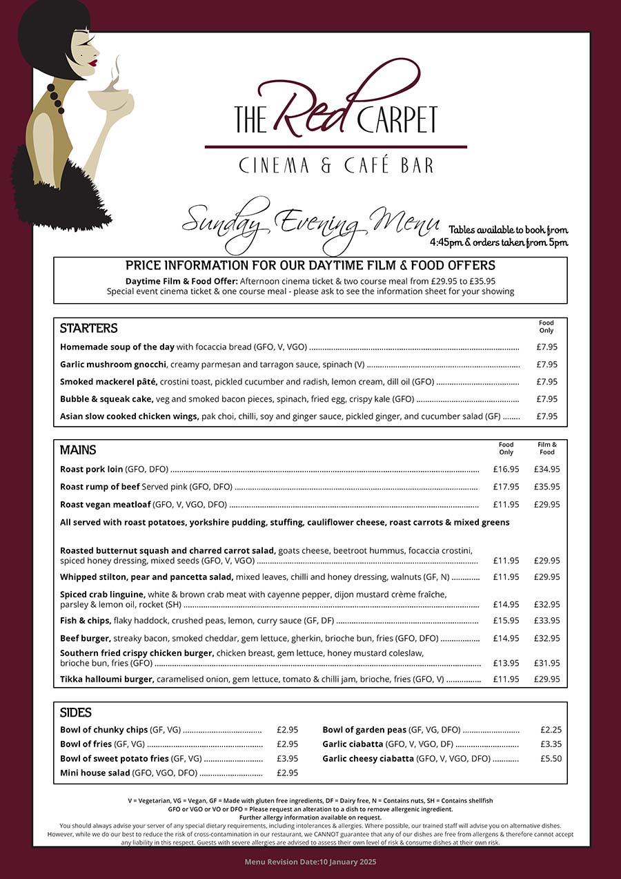 The Red Carpet Cinema and Cafe Bar - Sunday Menu