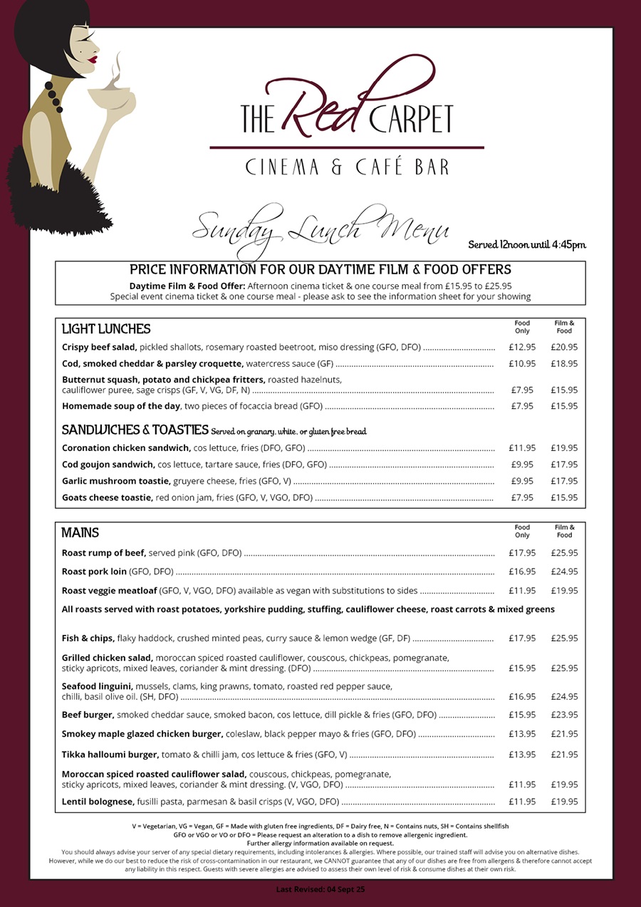 The Red Carpet Cinema and Cafe Bar - Sunday Lunch Menu