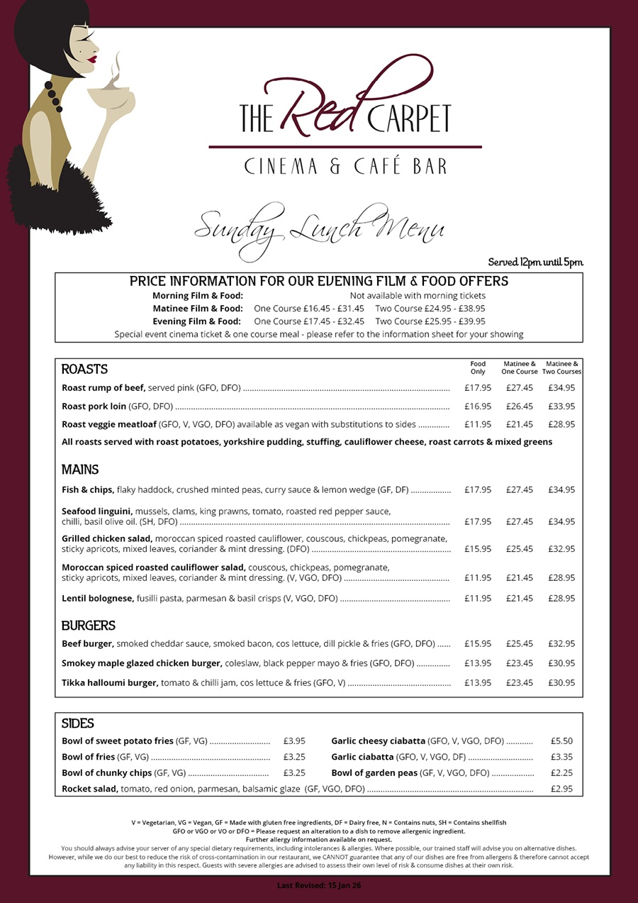 The Red Carpet Cinema and Cafe Bar - Sunday Lunch Menu