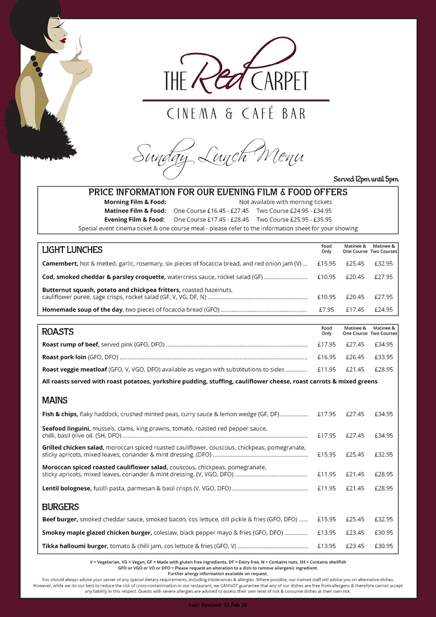 The Red Carpet Cinema and Cafe Bar - Sunday Lunch Menu