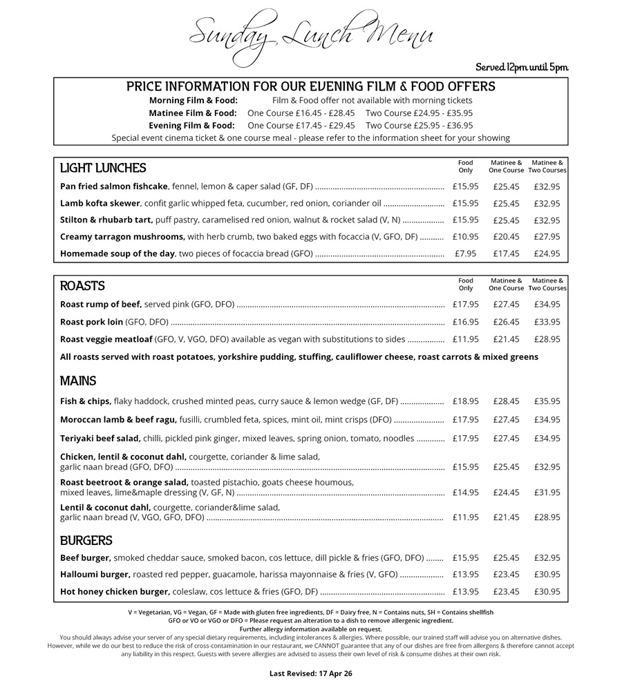 The Red Carpet Cinema and Cafe Bar - Sunday Lunch Menu