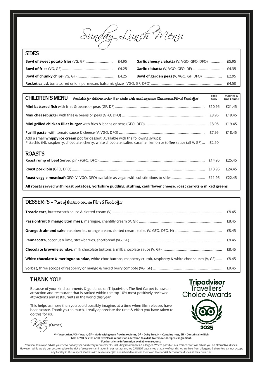 The Red Carpet Cinema and Cafe Bar - Sunday Lunch Menu