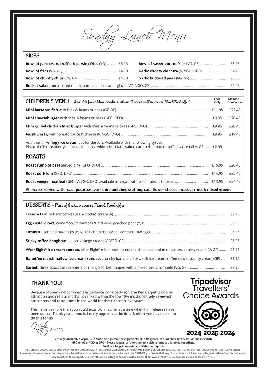 The Red Carpet Cinema and Cafe Bar - Sunday Lunch Menu