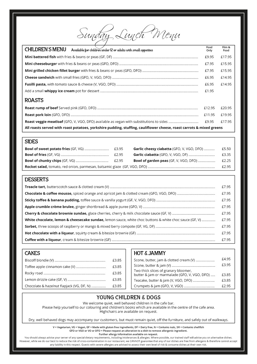 The Red Carpet Cinema and Cafe Bar - Sunday Lunch Menu