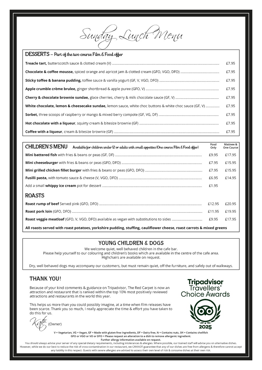 The Red Carpet Cinema and Cafe Bar - Sunday Lunch Menu