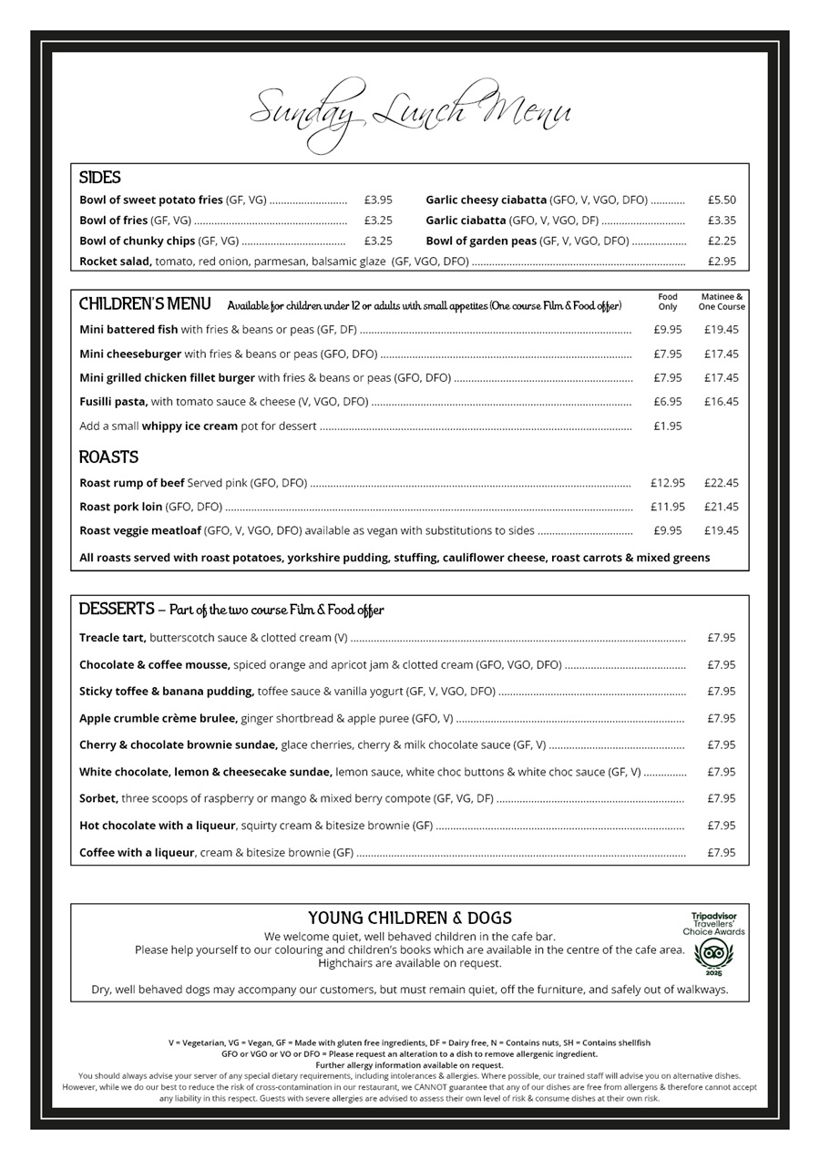The Red Carpet Cinema and Cafe Bar - Sunday Lunch Menu