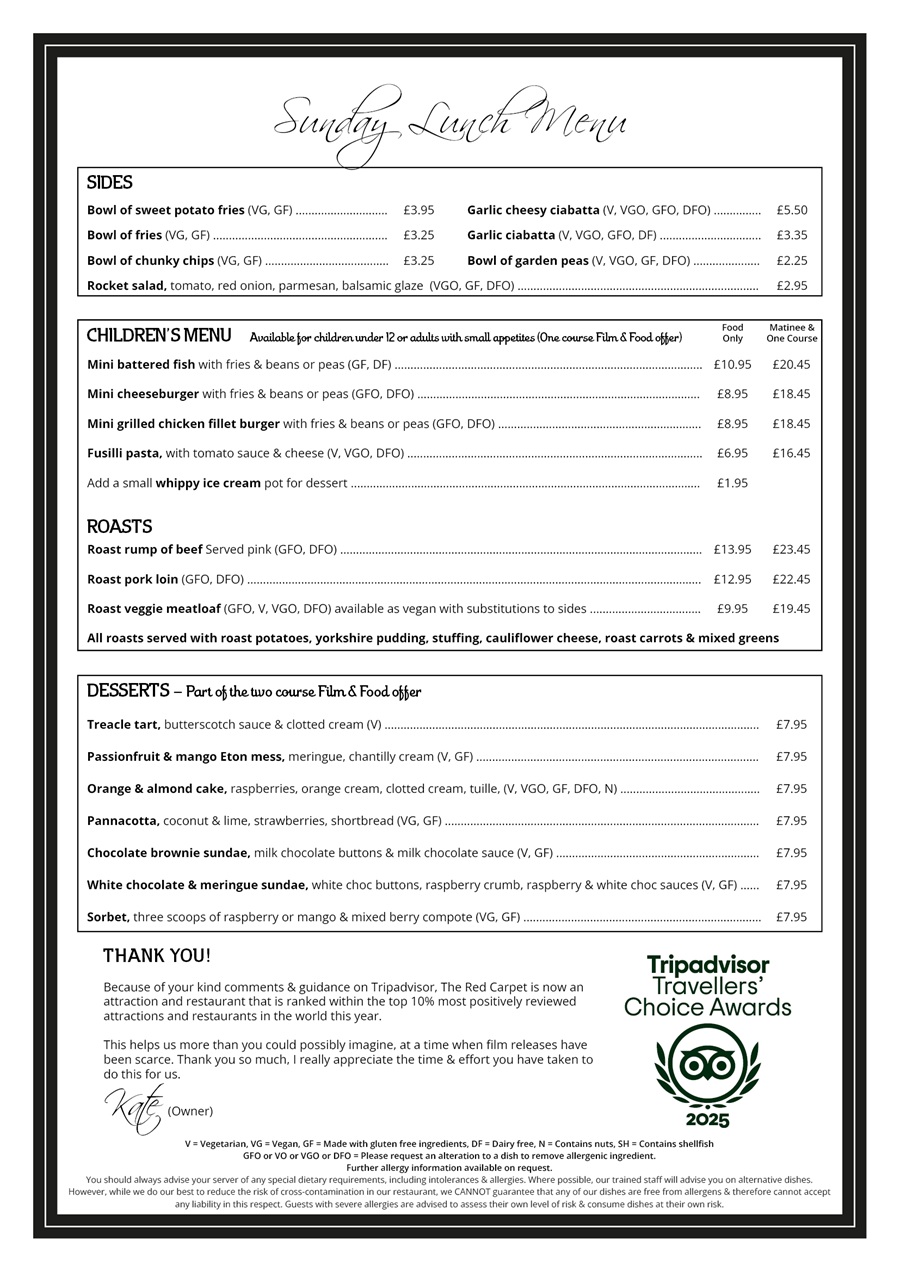 The Red Carpet Cinema and Cafe Bar - Sunday Lunch Menu