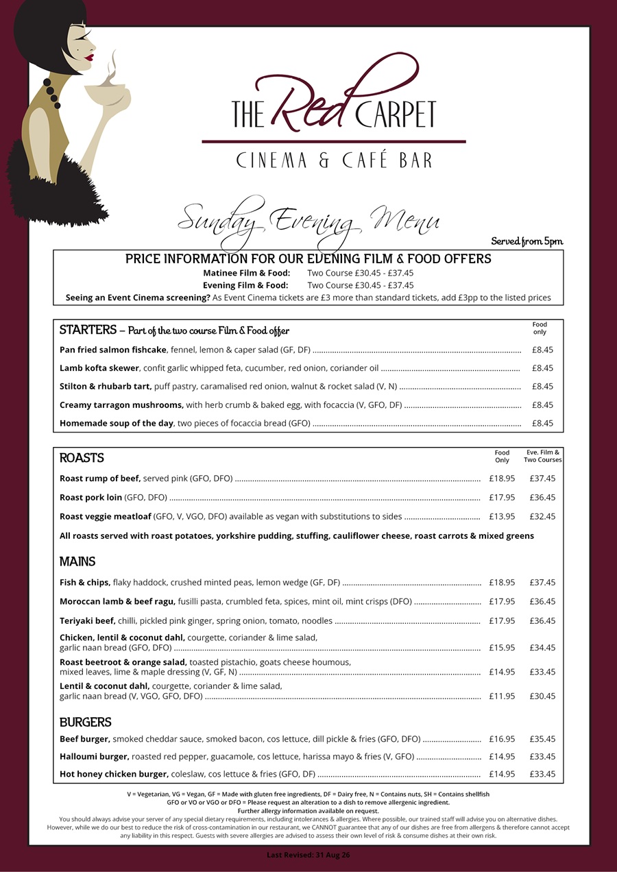 The Red Carpet Cinema and Cafe Bar - Sunday Menu