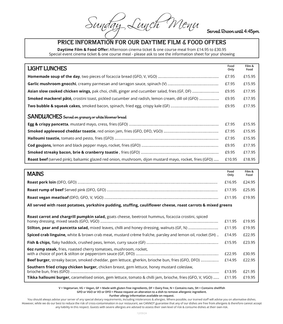 The Red Carpet Cinema and Cafe Bar - Sunday Menu