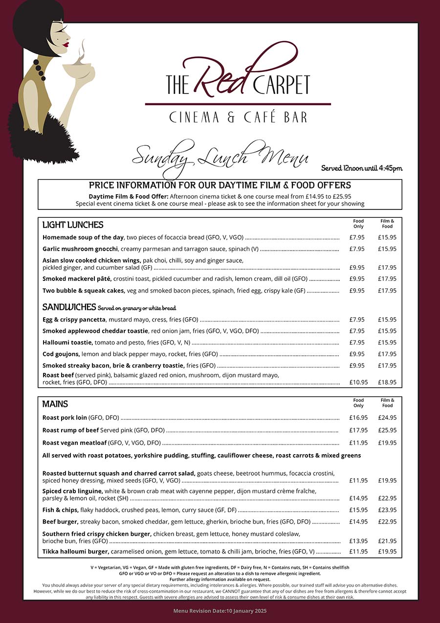 The Red Carpet Cinema and Cafe Bar - Sunday Lunch Menu