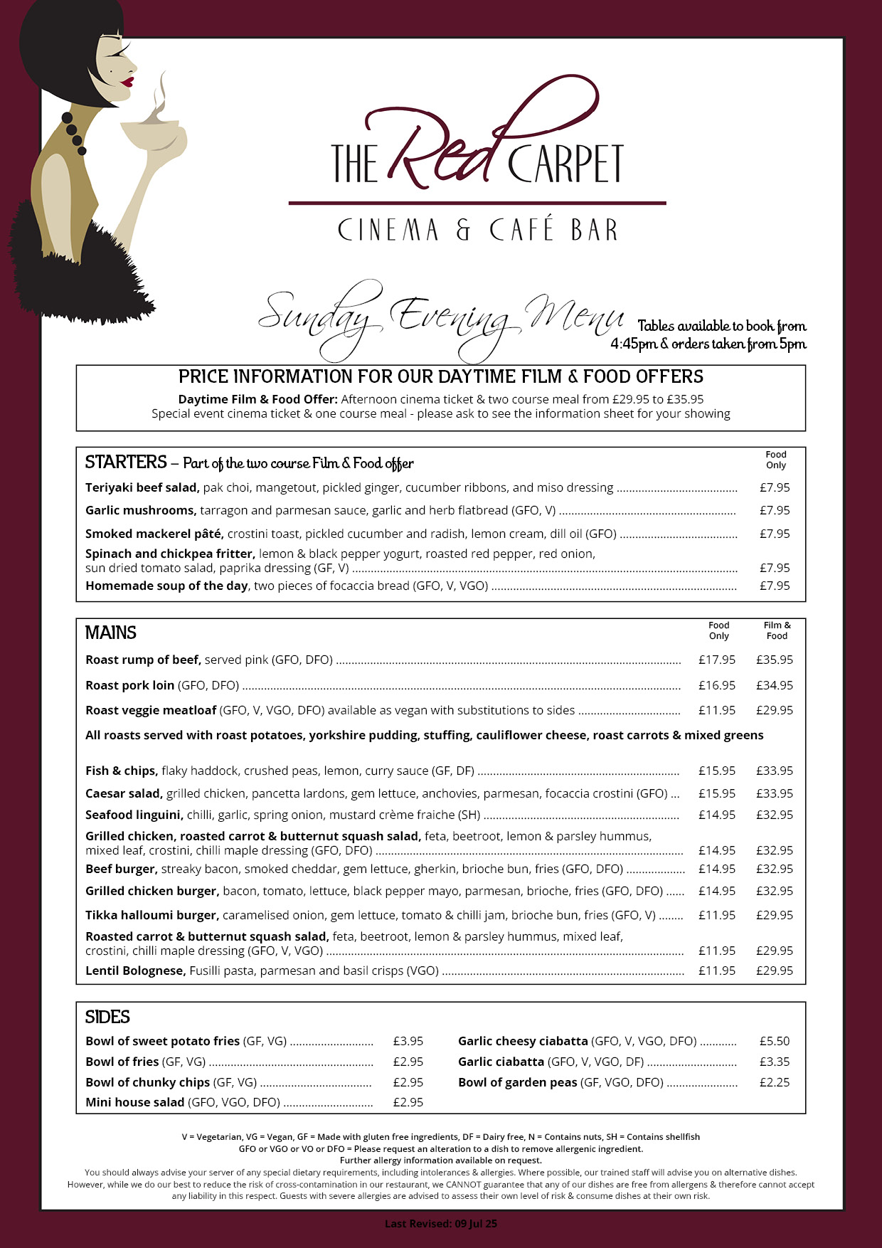 The Red Carpet Cinema and Cafe Bar - Sunday Menu