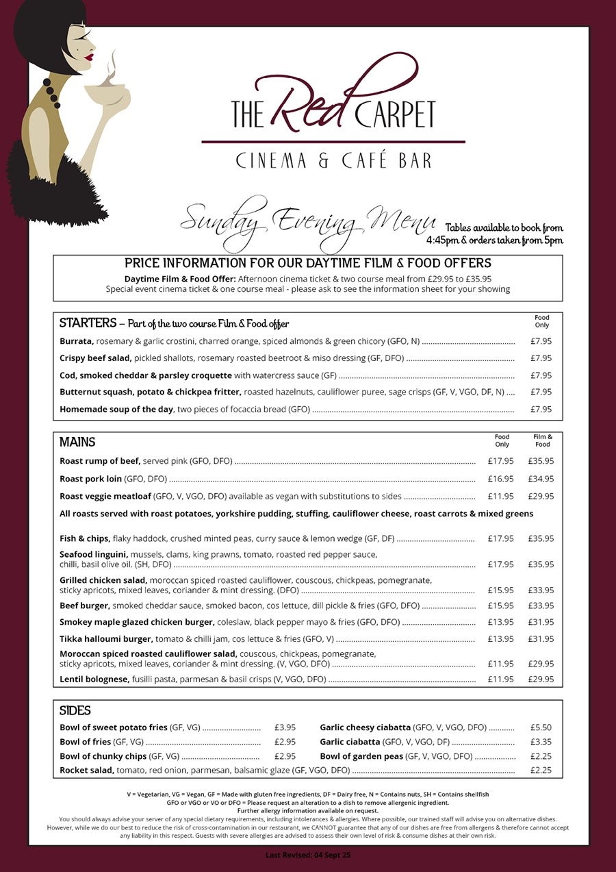 The Red Carpet Cinema and Cafe Bar - Sunday Menu