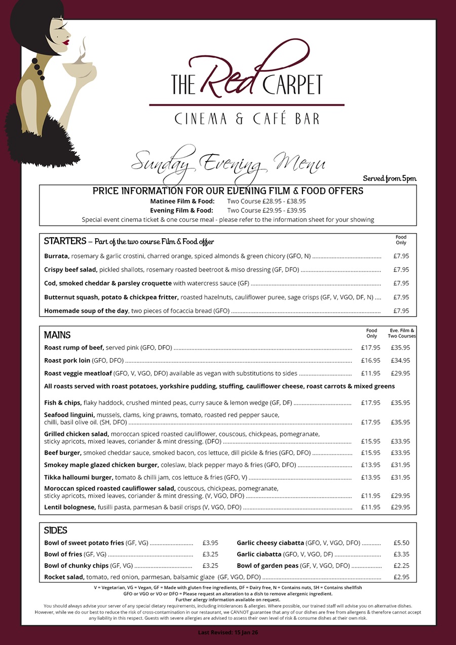 The Red Carpet Cinema and Cafe Bar - Sunday Menu