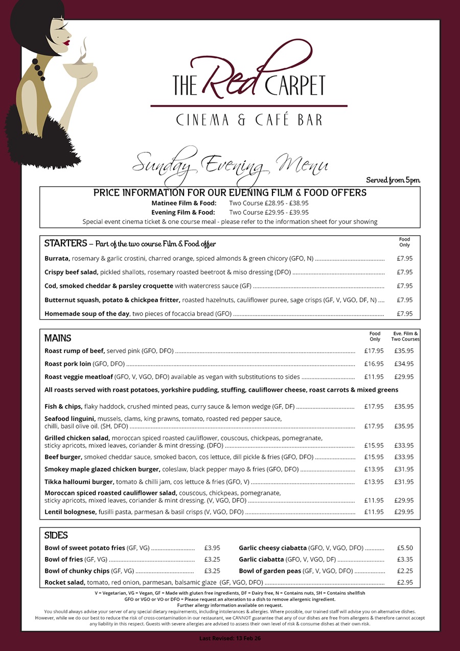 The Red Carpet Cinema and Cafe Bar - Sunday Menu