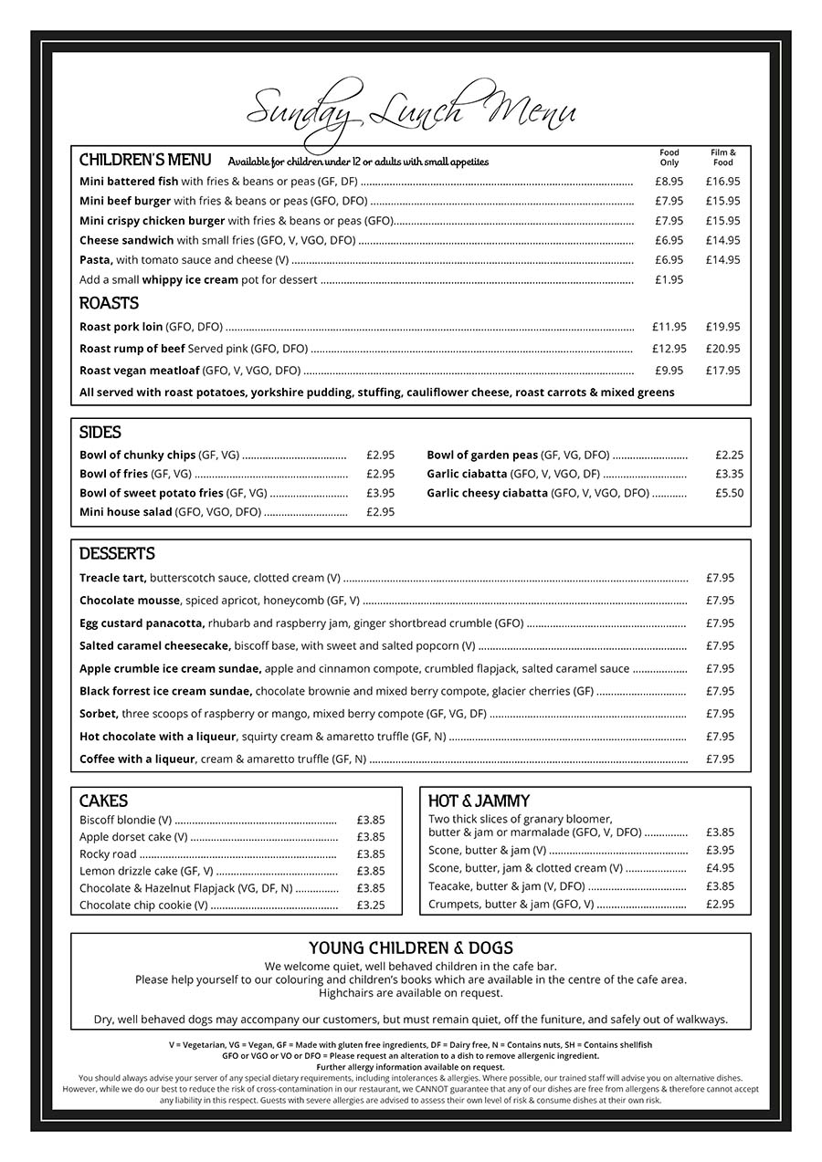 The Red Carpet Cinema and Cafe Bar - Sunday Lunch Menu