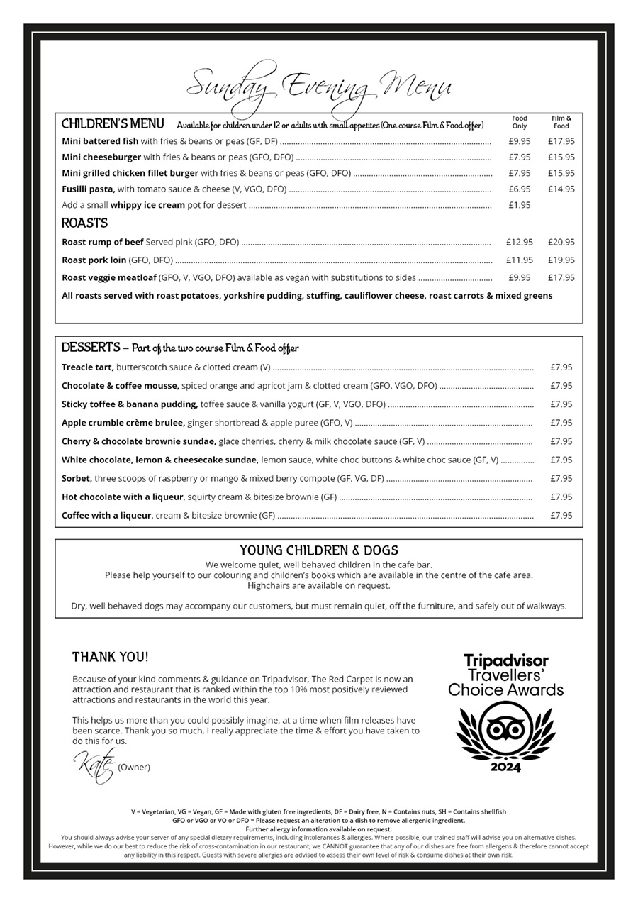 The Red Carpet Cinema and Cafe Bar - Sunday Menu