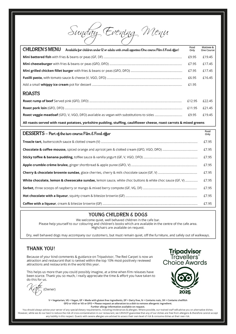 The Red Carpet Cinema and Cafe Bar - Sunday Menu